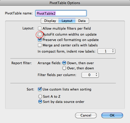 pivot table options for Excel 2011
