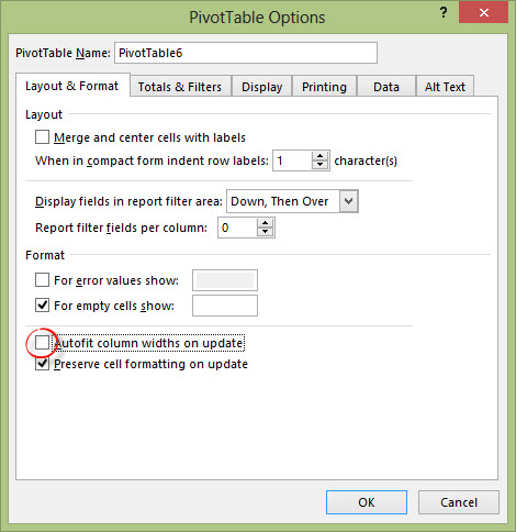 pivot table options in Excel 2013
