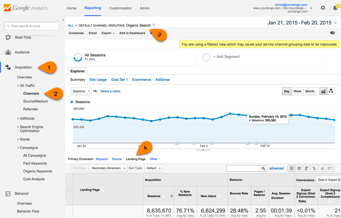 Step 3 is actually choosing Organic Search from the Channels report, but it's off the screen.