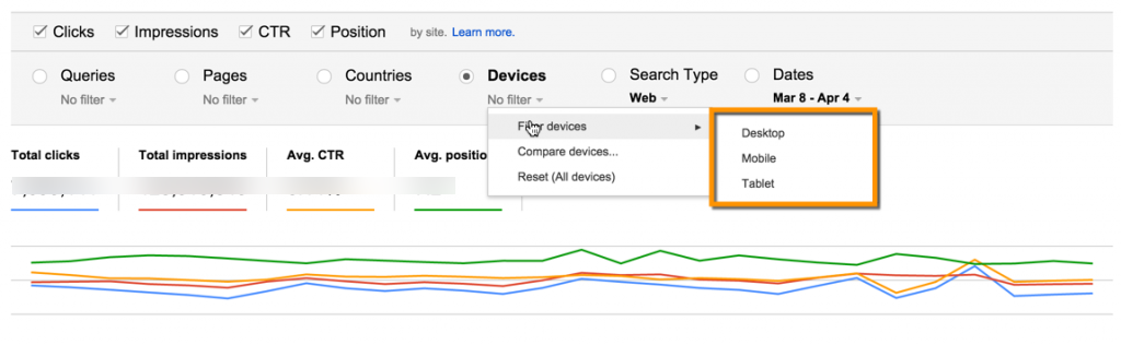 Google Webmaster Tools Search Analytics report device type filter